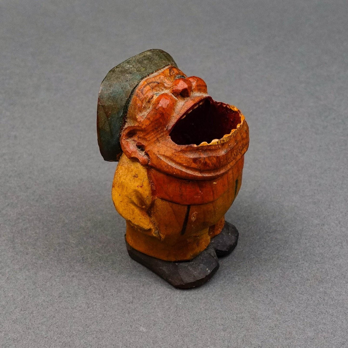 Anri Italy Early Vintage Hand Carved Wood Big Mouth Toothpick Match Holder