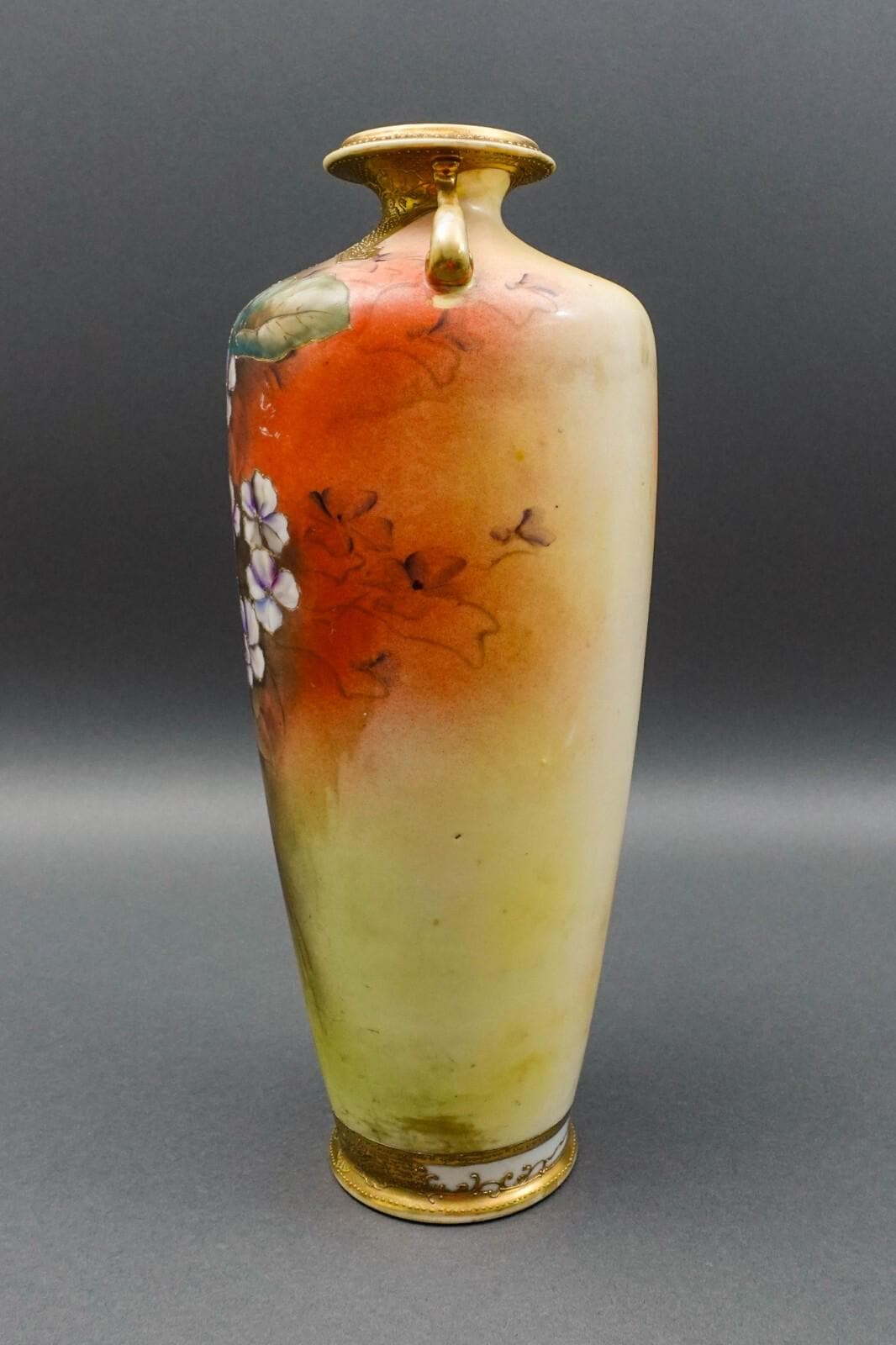 Nippon Japan Antique Hand Painted Floral Gold Gilt Porcelain Handled Vase