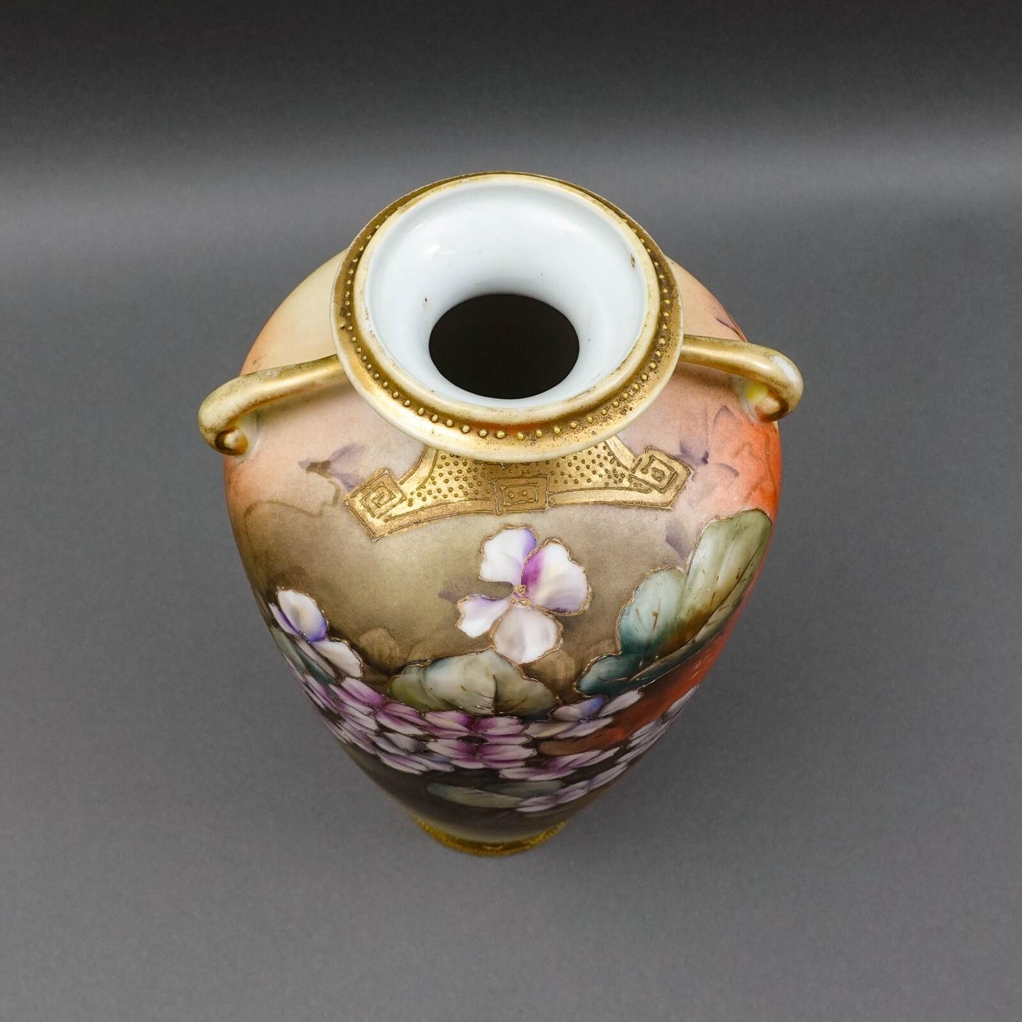 Nippon Japan Antique Hand Painted Floral Gold Gilt Porcelain Handled Vase