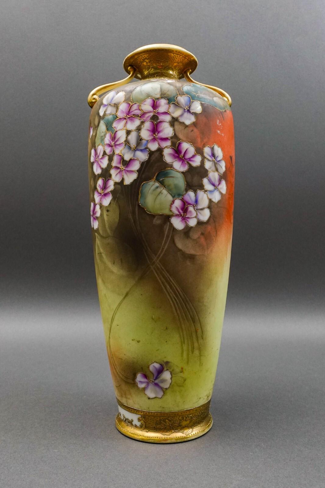 Nippon Japan Antique Hand Painted Floral Gold Gilt Porcelain Handled Vase