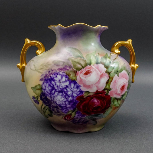 P.H. Leonard Vienna Austria Antique 1909 Hand Painted Floral Handled Pillow Vase