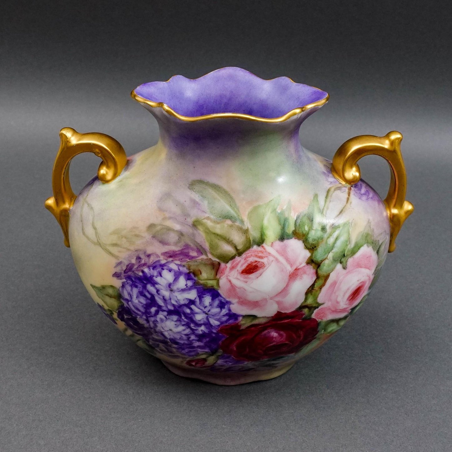 P.H. Leonard Vienna Austria Antique 1909 Hand Painted Floral Handled Pillow Vase
