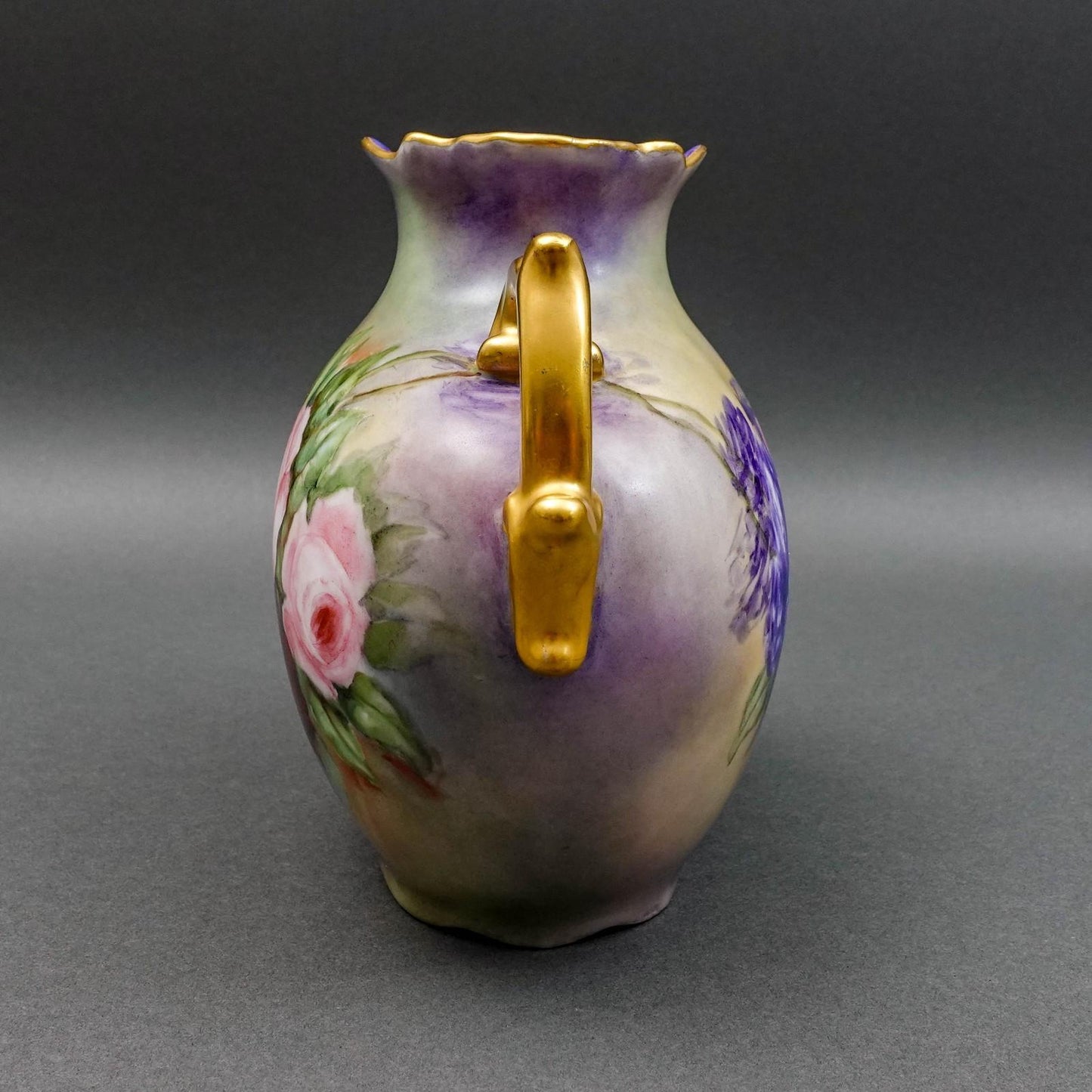 P.H. Leonard Vienna Austria Antique 1909 Hand Painted Floral Handled Pillow Vase