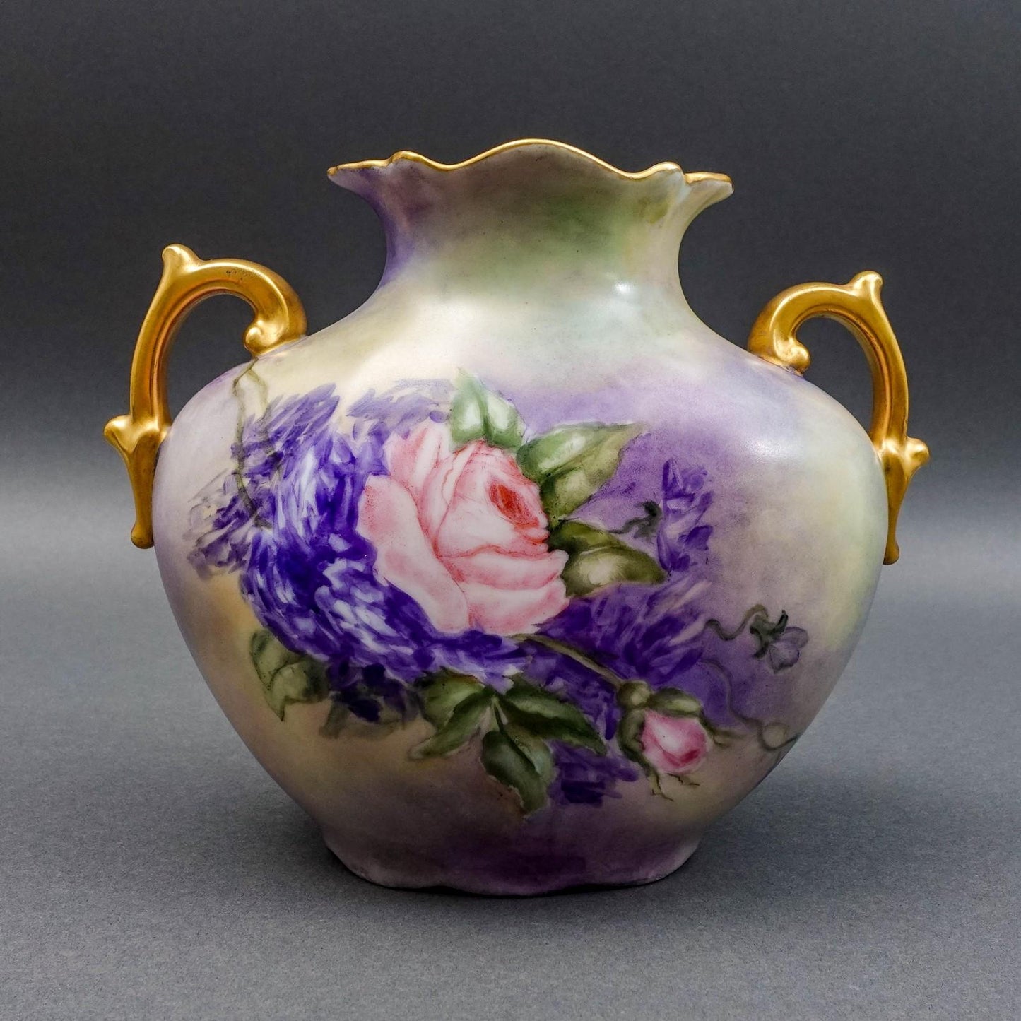 P.H. Leonard Vienna Austria Antique 1909 Hand Painted Floral Handled Pillow Vase