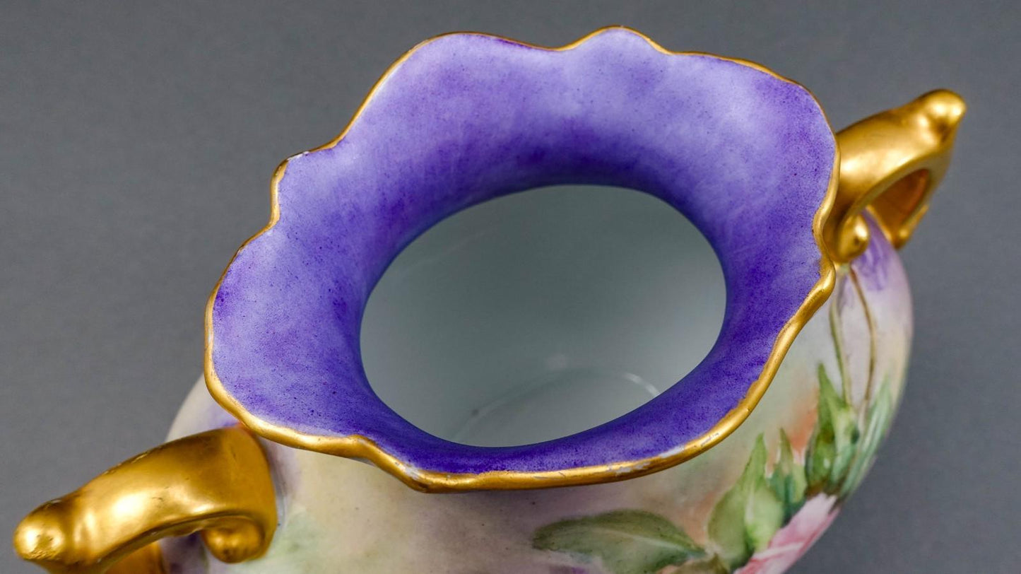 P.H. Leonard Vienna Austria Antique 1909 Hand Painted Floral Handled Pillow Vase