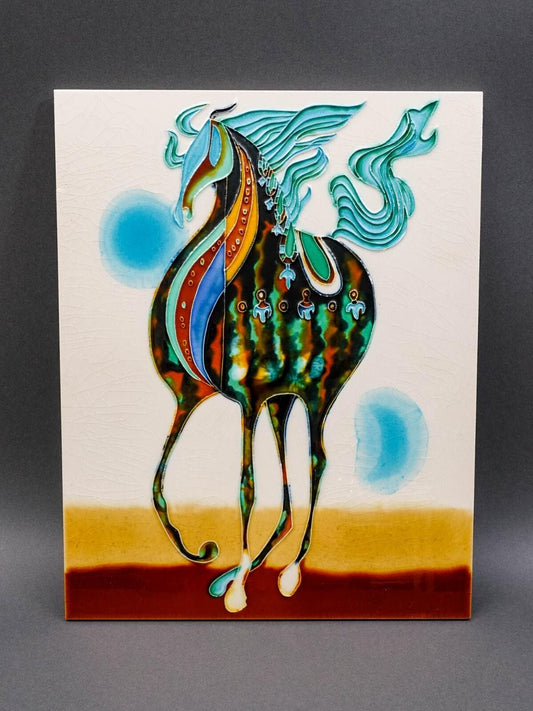 Wayne Gao Large Horse Glazed Enameled Ceramic Raised Wall Art Tile Plaque