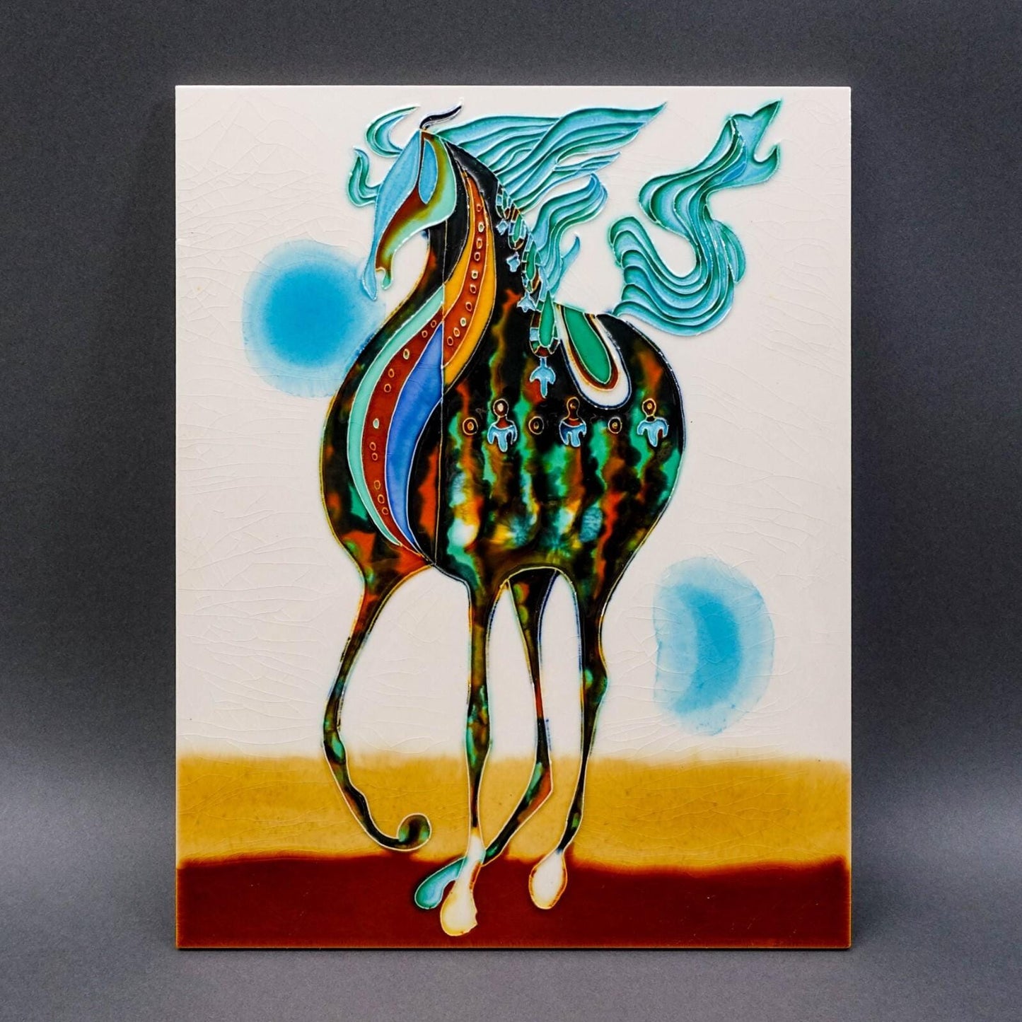 Wayne Gao Large Horse Glazed Enameled Ceramic Raised Wall Art Tile Plaque