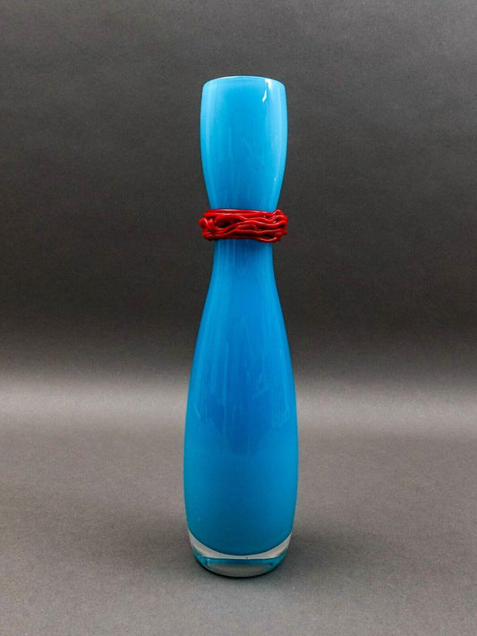 Rony Plesl B.A.G. Czech Republic Turquoise And Red Hourglass Art Glass Vase 13"