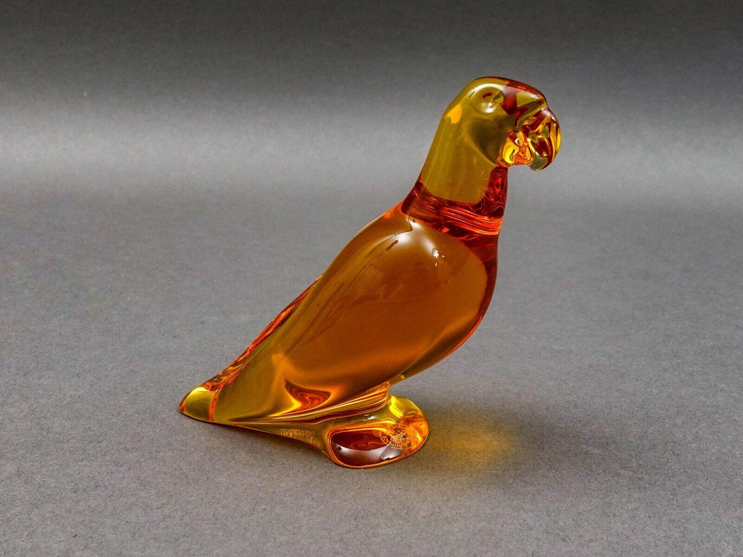 Baccarat Crystal France Signed Amber Orange Parrot Bird Figurine Paperweight