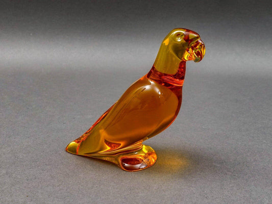 Baccarat Crystal France Signed Amber Orange Parrot Bird Figurine Paperweight