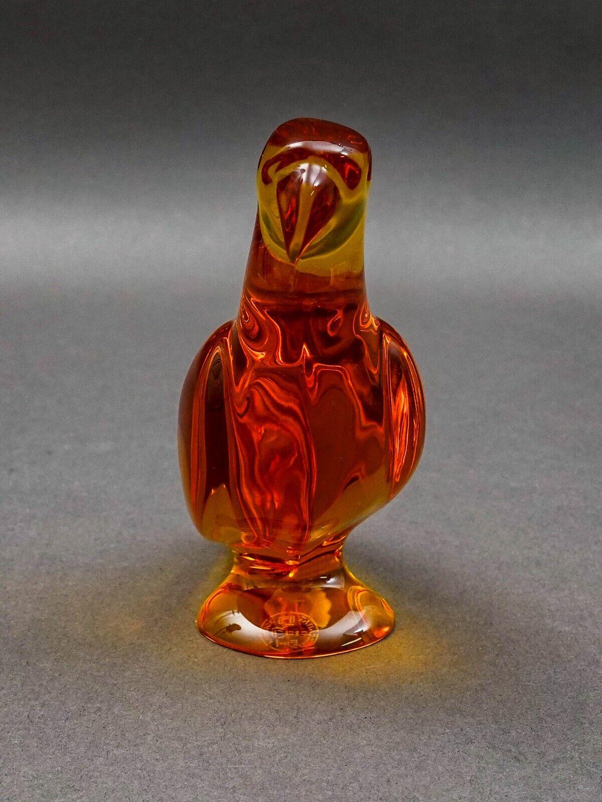 Baccarat Crystal France Signed Amber Orange Parrot Bird Figurine Paperweight