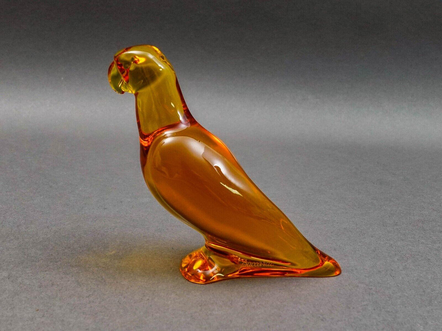 Baccarat Crystal France Signed Amber Orange Parrot Bird Figurine Paperweight