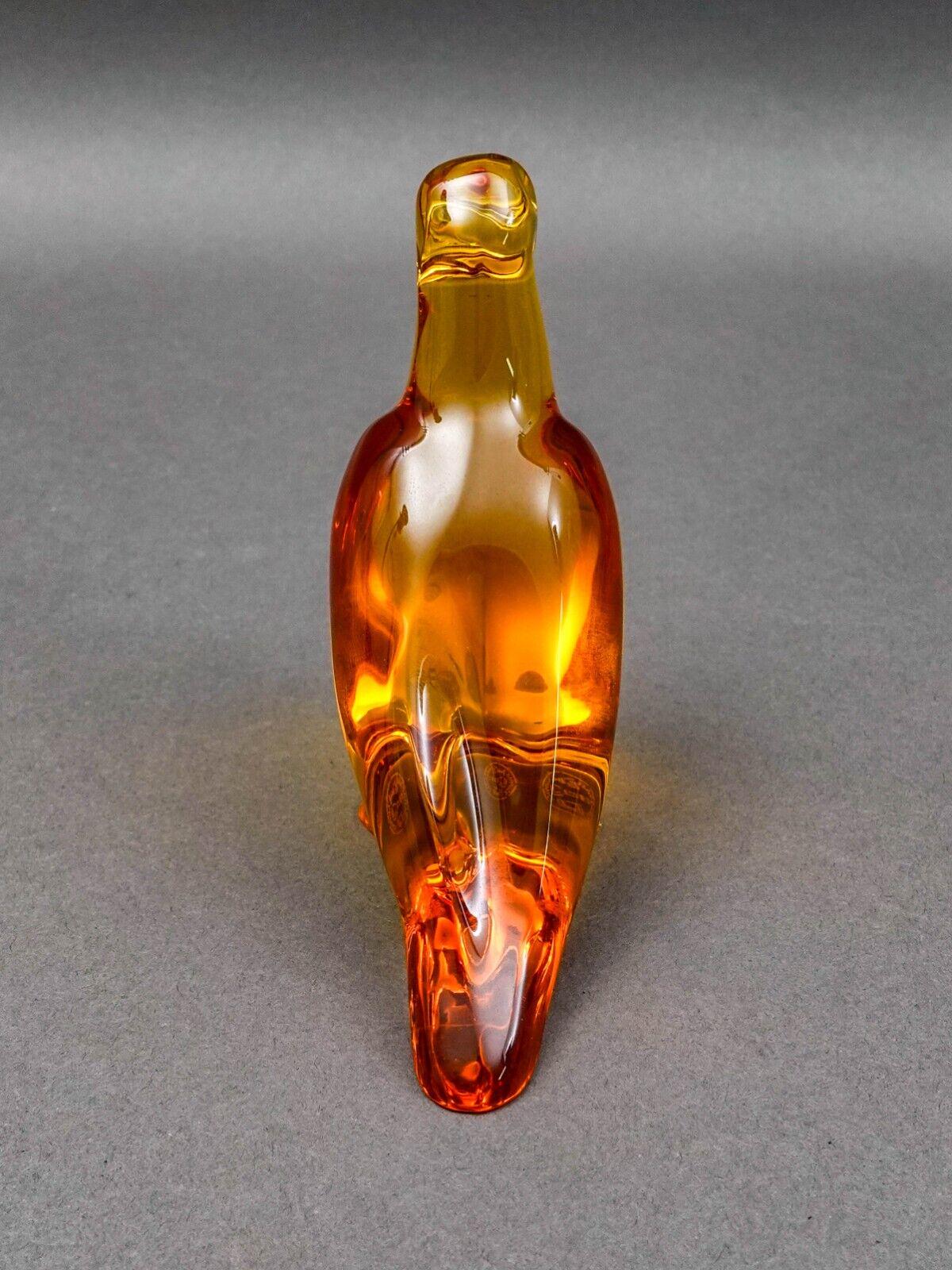 Baccarat Crystal France Signed Amber Orange Parrot Bird Figurine Paperweight