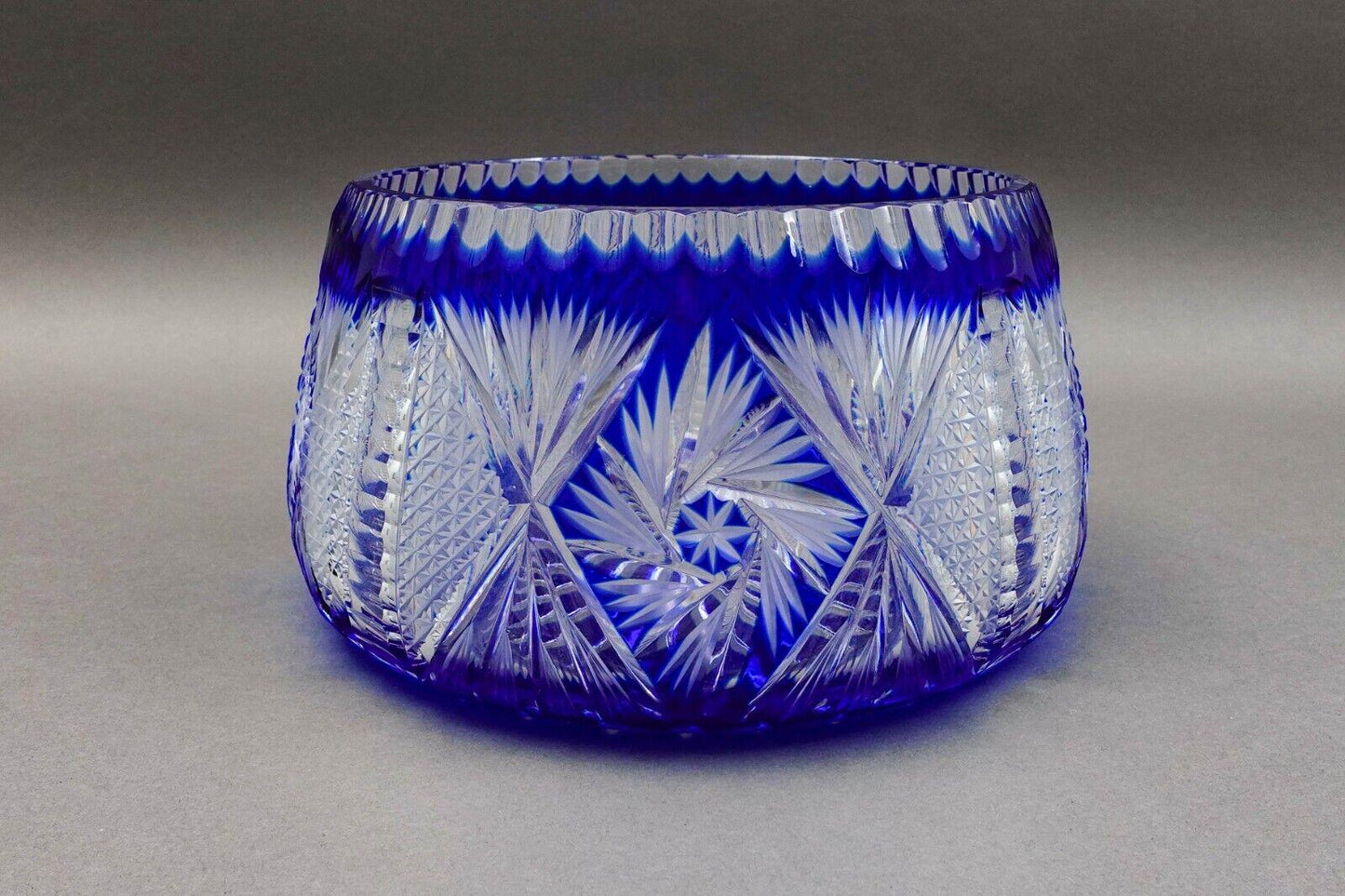 Czech Bohemian Cobalt Blue Cut to Clear Crystal Round Centerpiece Bowl