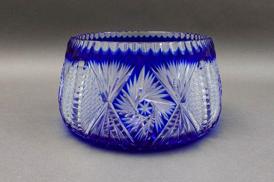 Czech Bohemian Cobalt Blue Cut to Clear Crystal Round Centerpiece Bowl