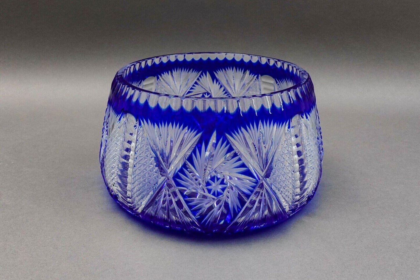 Czech Bohemian Cobalt Blue Cut to Clear Crystal Round Centerpiece Bowl