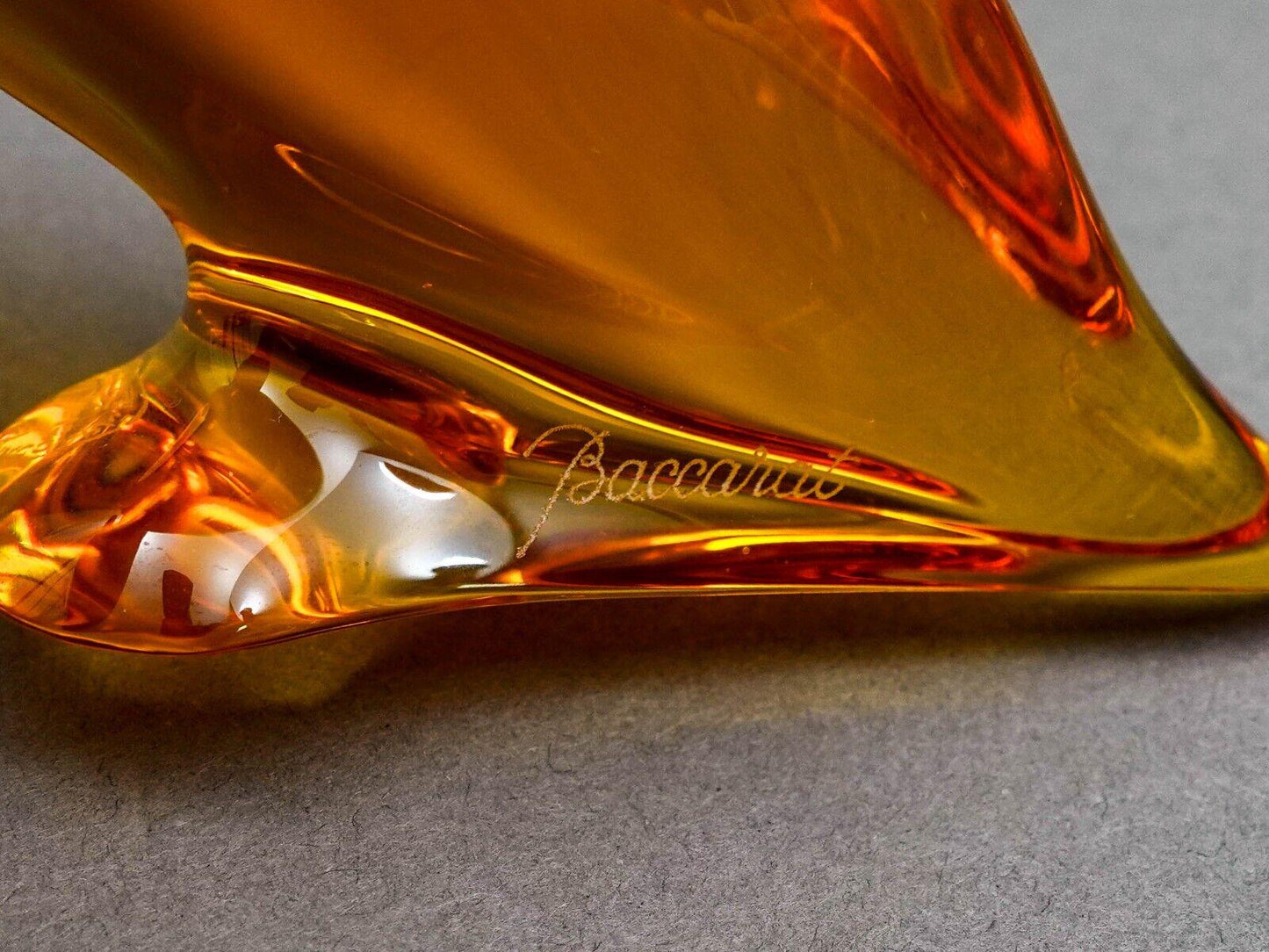 Baccarat Crystal France Signed Amber Orange Parrot Bird Figurine Paperweight