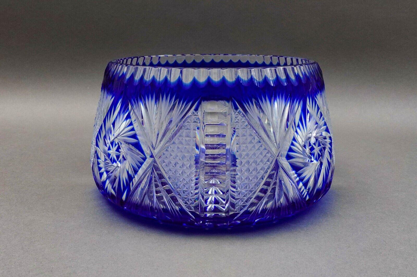 Czech Bohemian Cobalt Blue Cut to Clear Crystal Round Centerpiece Bowl