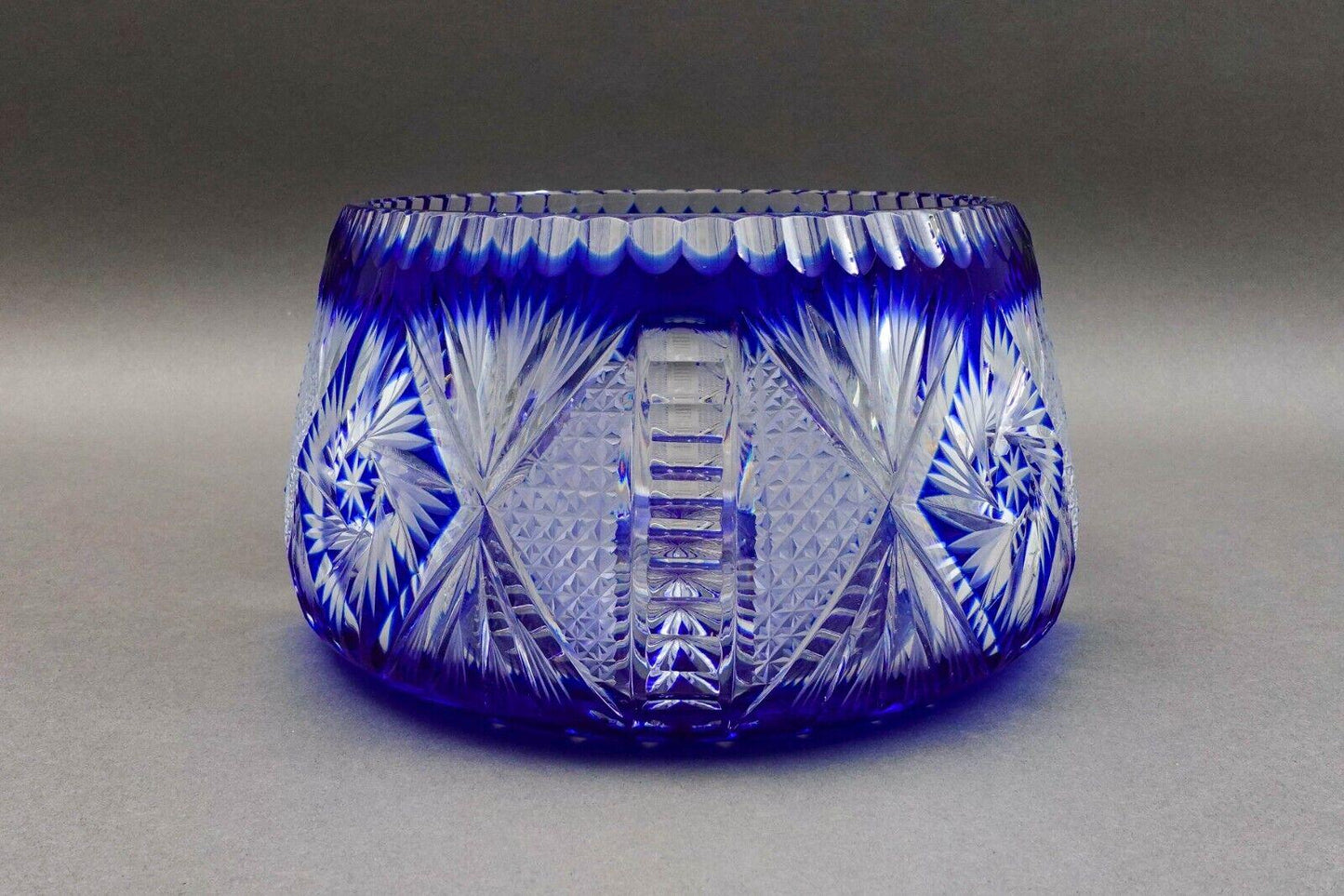Czech Bohemian Cobalt Blue Cut to Clear Crystal Round Centerpiece Bowl