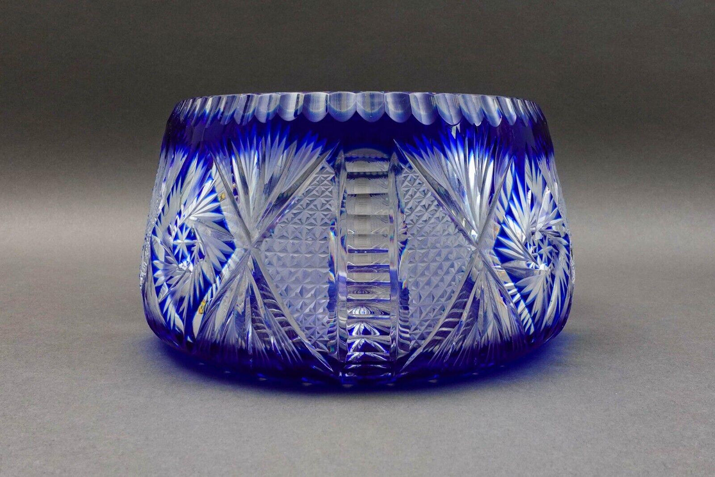 Czech Bohemian Cobalt Blue Cut to Clear Crystal Round Centerpiece Bowl