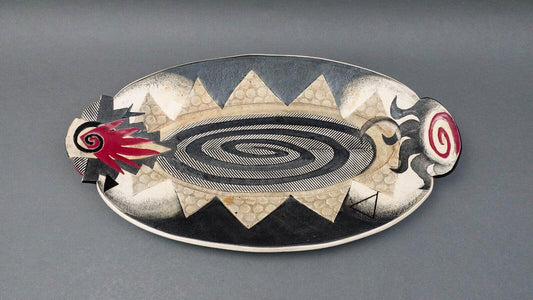 Anne Schiesel Harris 94 Signed Abstract Art Pottery Oval Handled Platter 20 1/2"