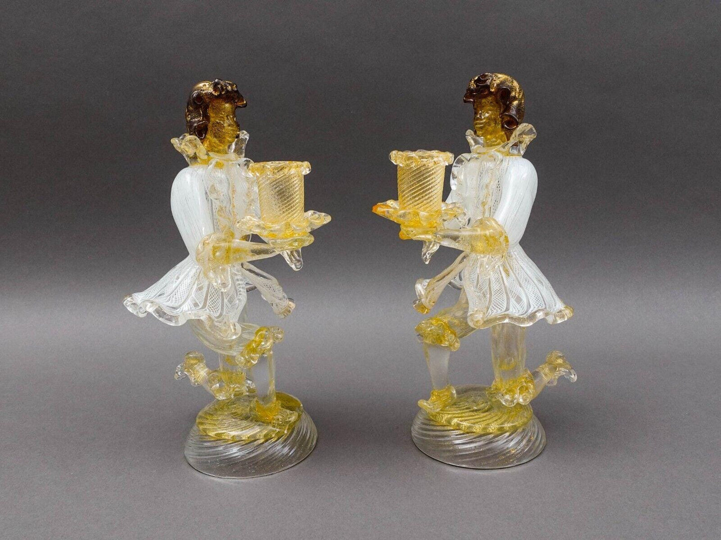 Barovier & Toso Murano Latticino Gold Glass Candlestick Candle Holder Pair Read