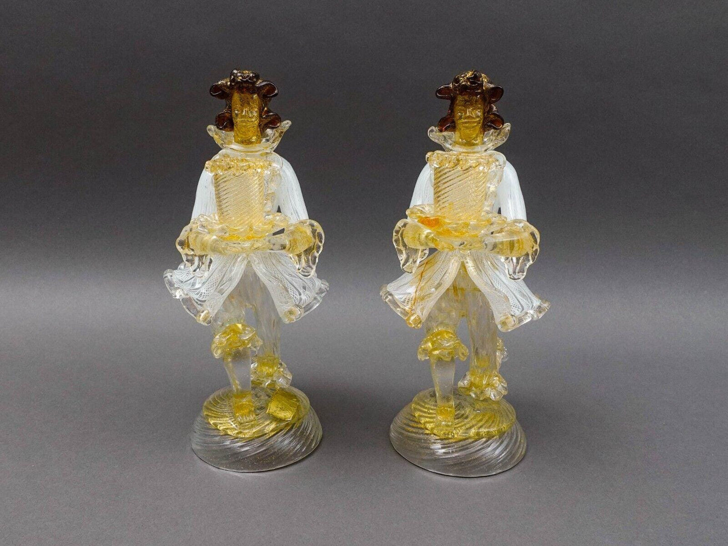 Barovier & Toso Murano Latticino Gold Glass Candlestick Candle Holder Pair Read