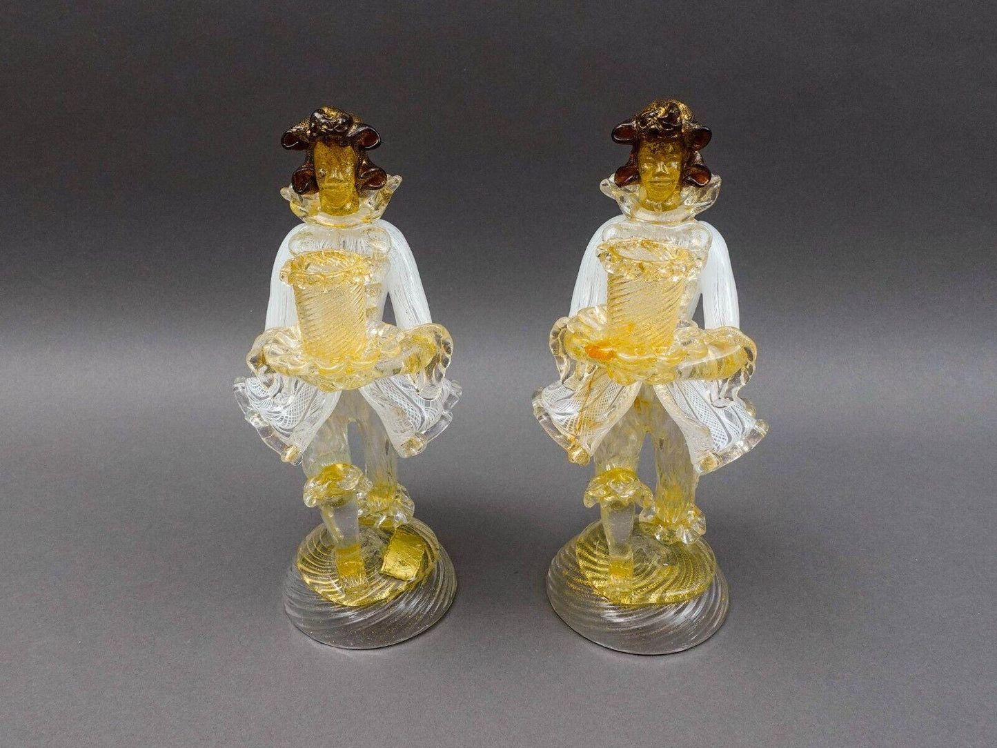 Barovier & Toso Murano Latticino Gold Glass Candlestick Candle Holder Pair Read