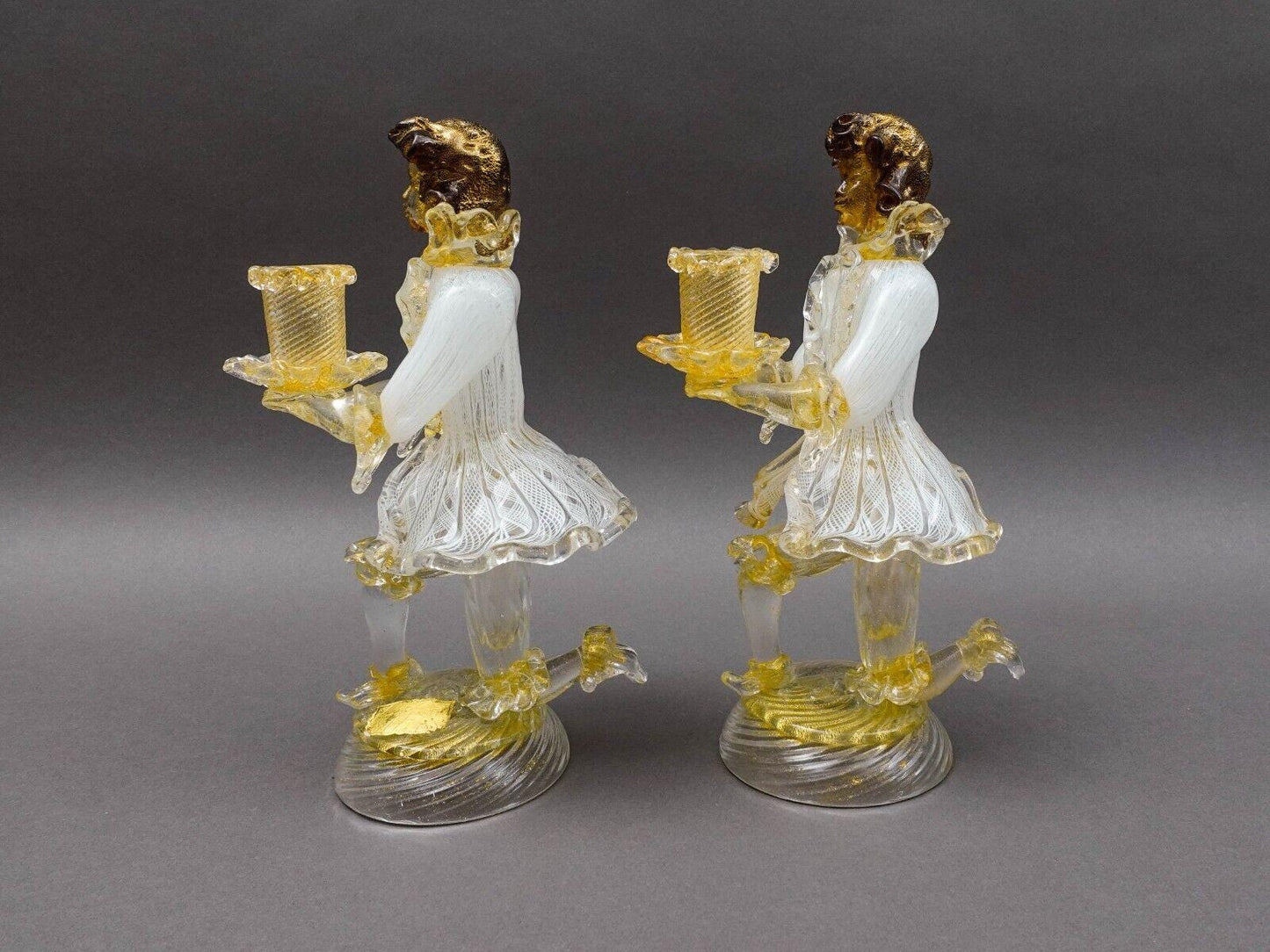 Barovier & Toso Murano Latticino Gold Glass Candlestick Candle Holder Pair Read