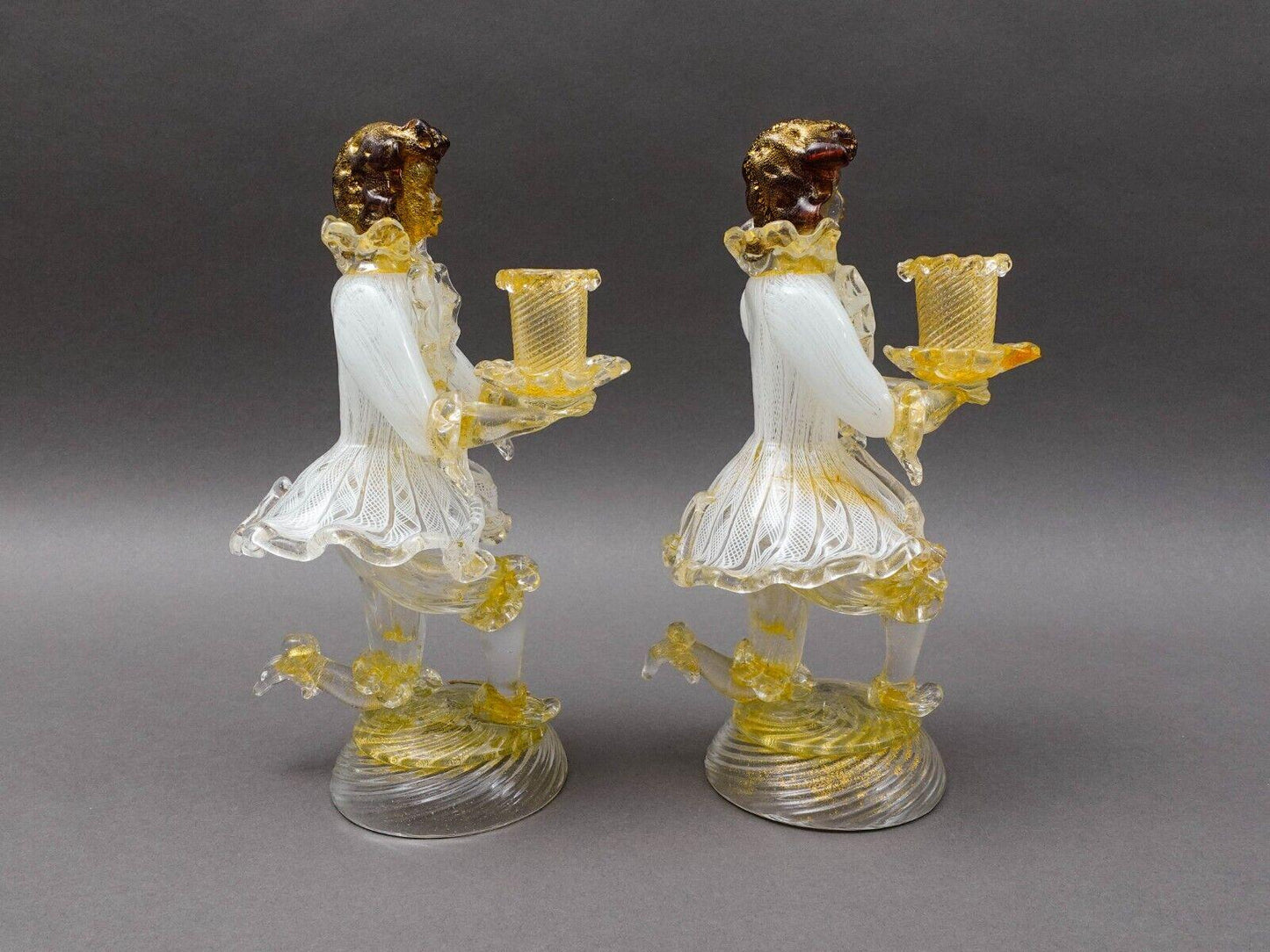 Barovier & Toso Murano Latticino Gold Glass Candlestick Candle Holder Pair Read