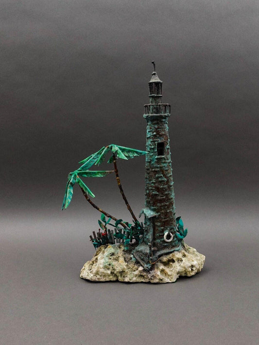 Jim Lewk Brutalist Lighthouse Palm Trees Copper Coral Base Sculpture (Read)