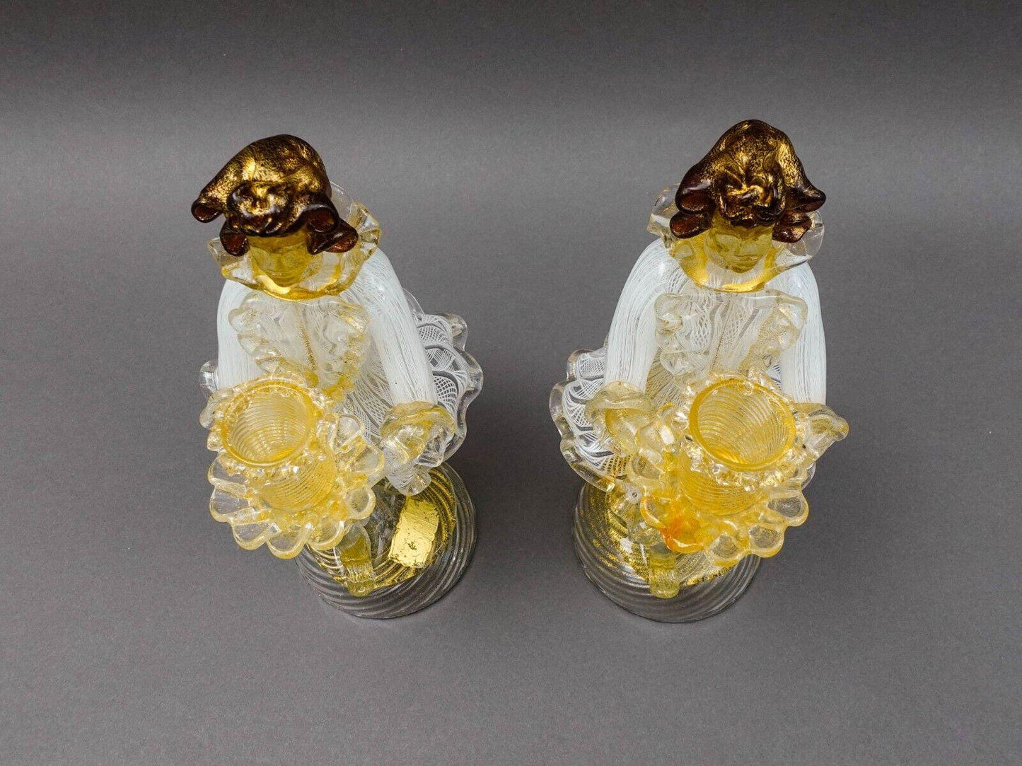 Barovier & Toso Murano Latticino Gold Glass Candlestick Candle Holder Pair Read