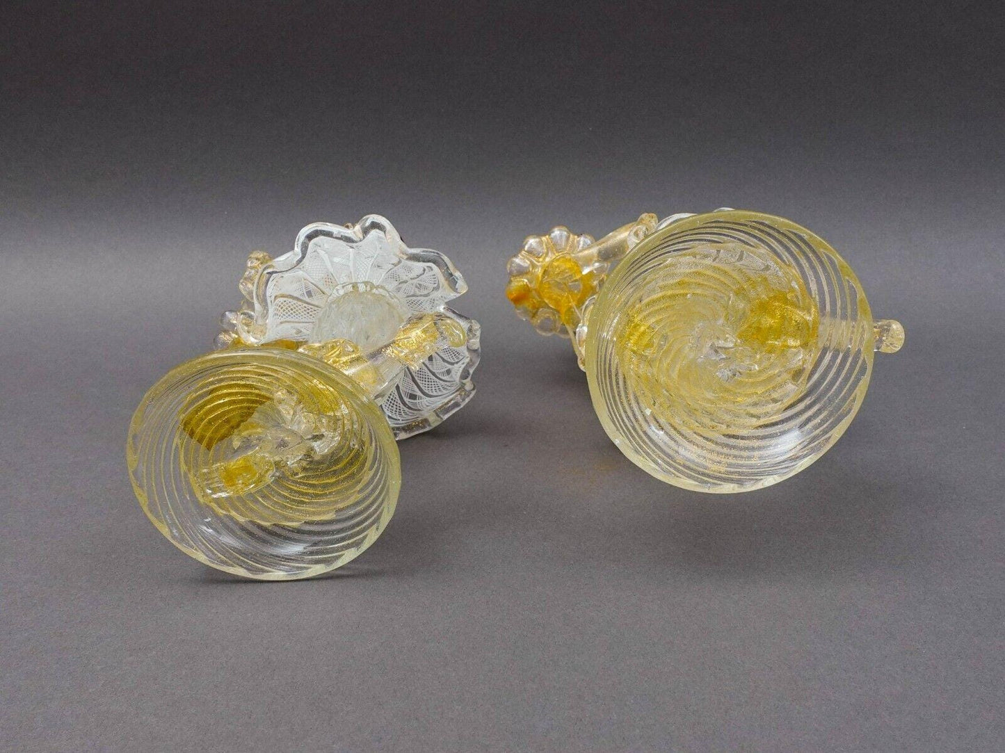 Barovier & Toso Murano Latticino Gold Glass Candlestick Candle Holder Pair Read