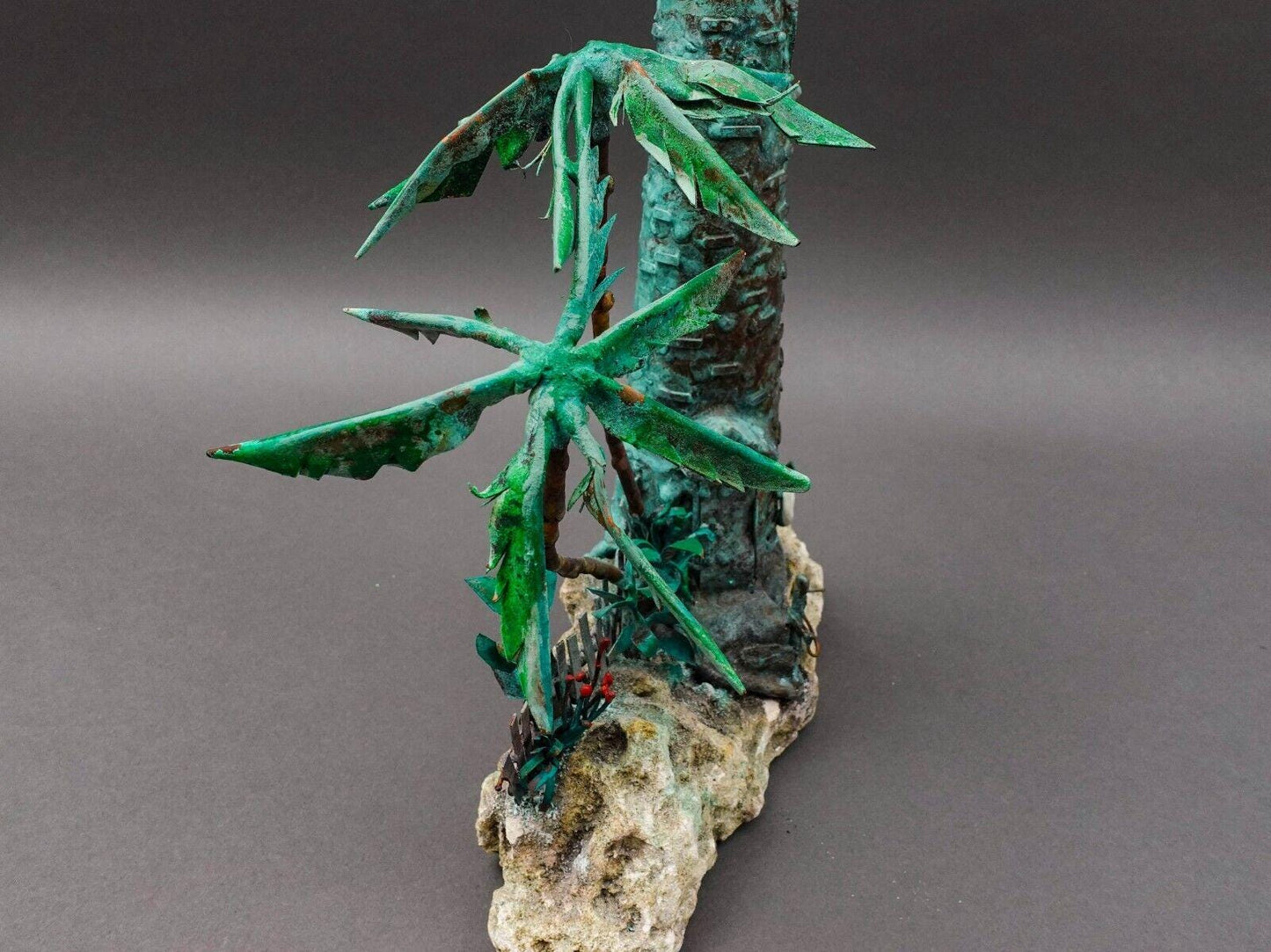 Jim Lewk Brutalist Lighthouse Palm Trees Copper Coral Base Sculpture (Read)