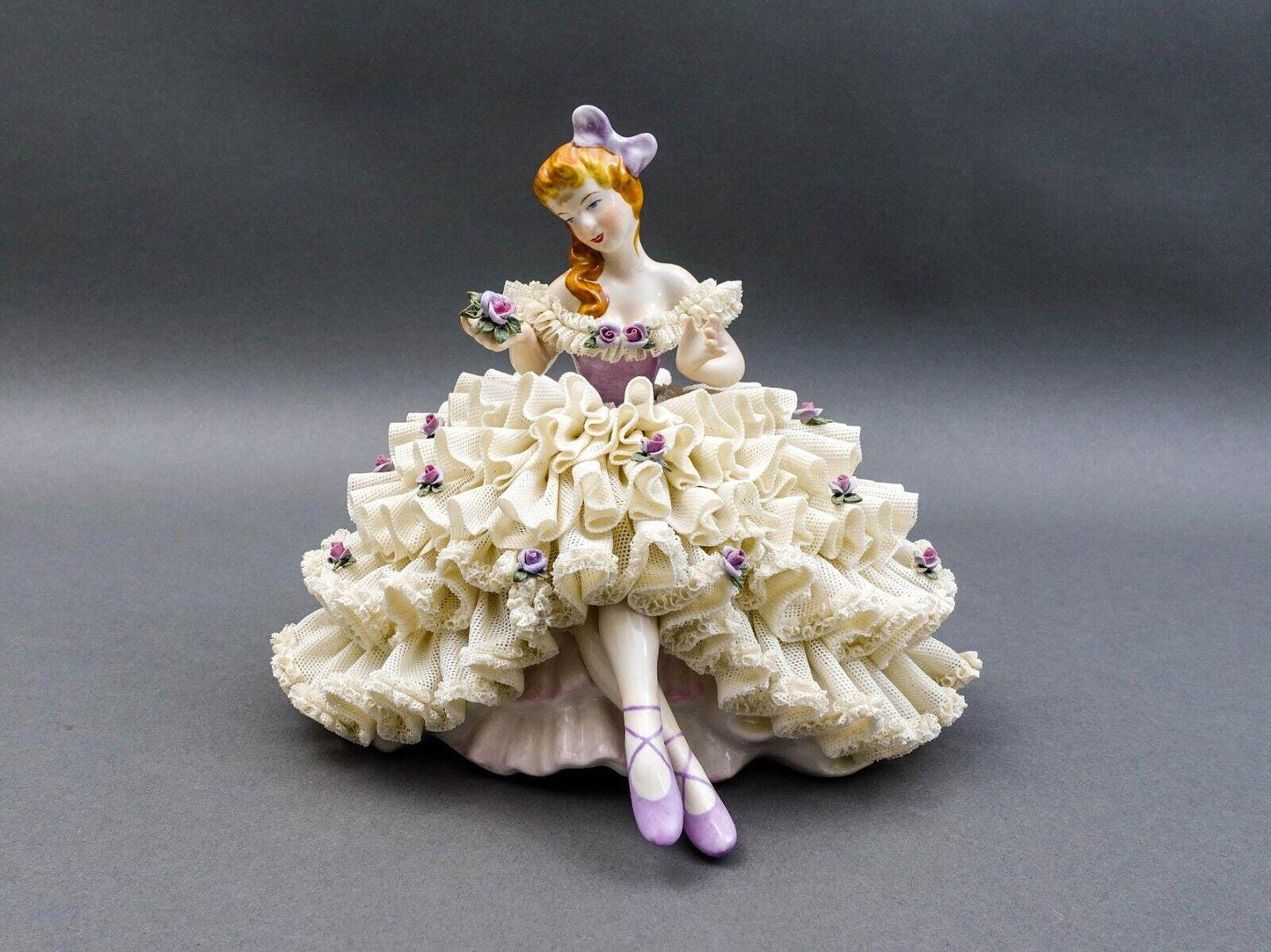Dresden Germany Large Ballerina Holding Flower Porcelain Lace Figurine (Read)