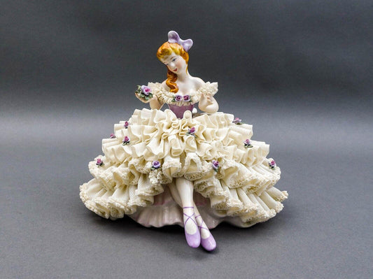 Dresden Germany Large Ballerina Holding Flower Porcelain Lace Figurine (Read)