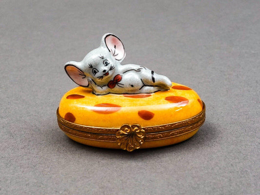 Limoges France Signed Peint Main Mouse And Cheese Porcelain Hinged Trinket Box