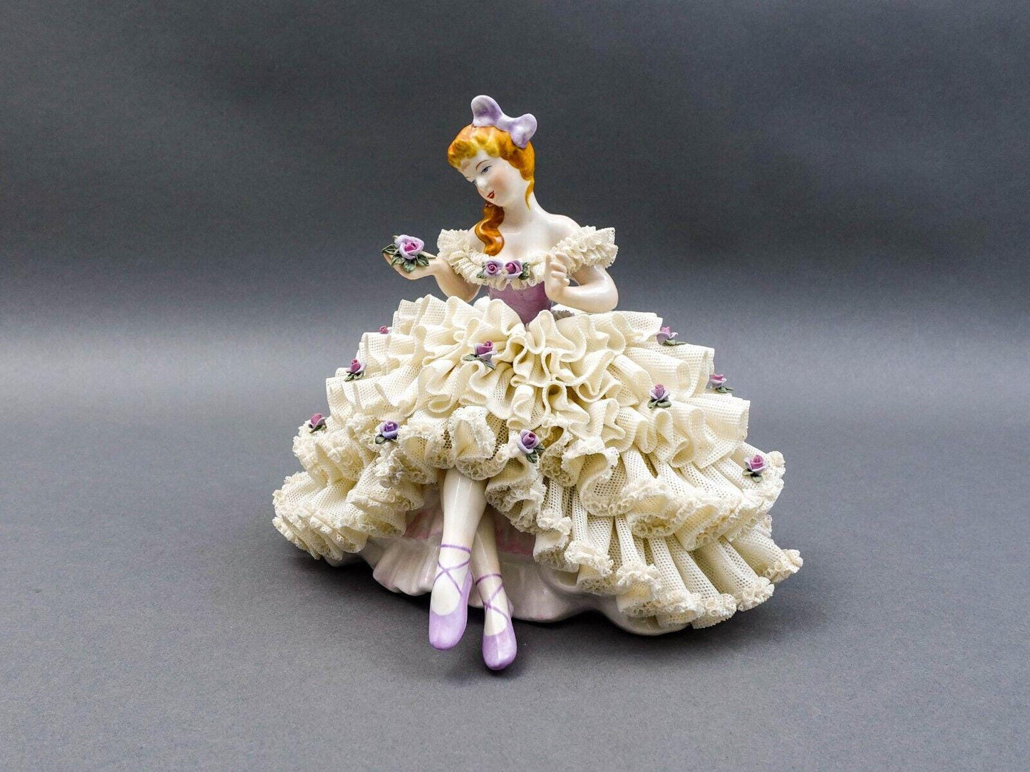 Dresden Germany Large Ballerina Holding Flower Porcelain Lace Figurine (Read)