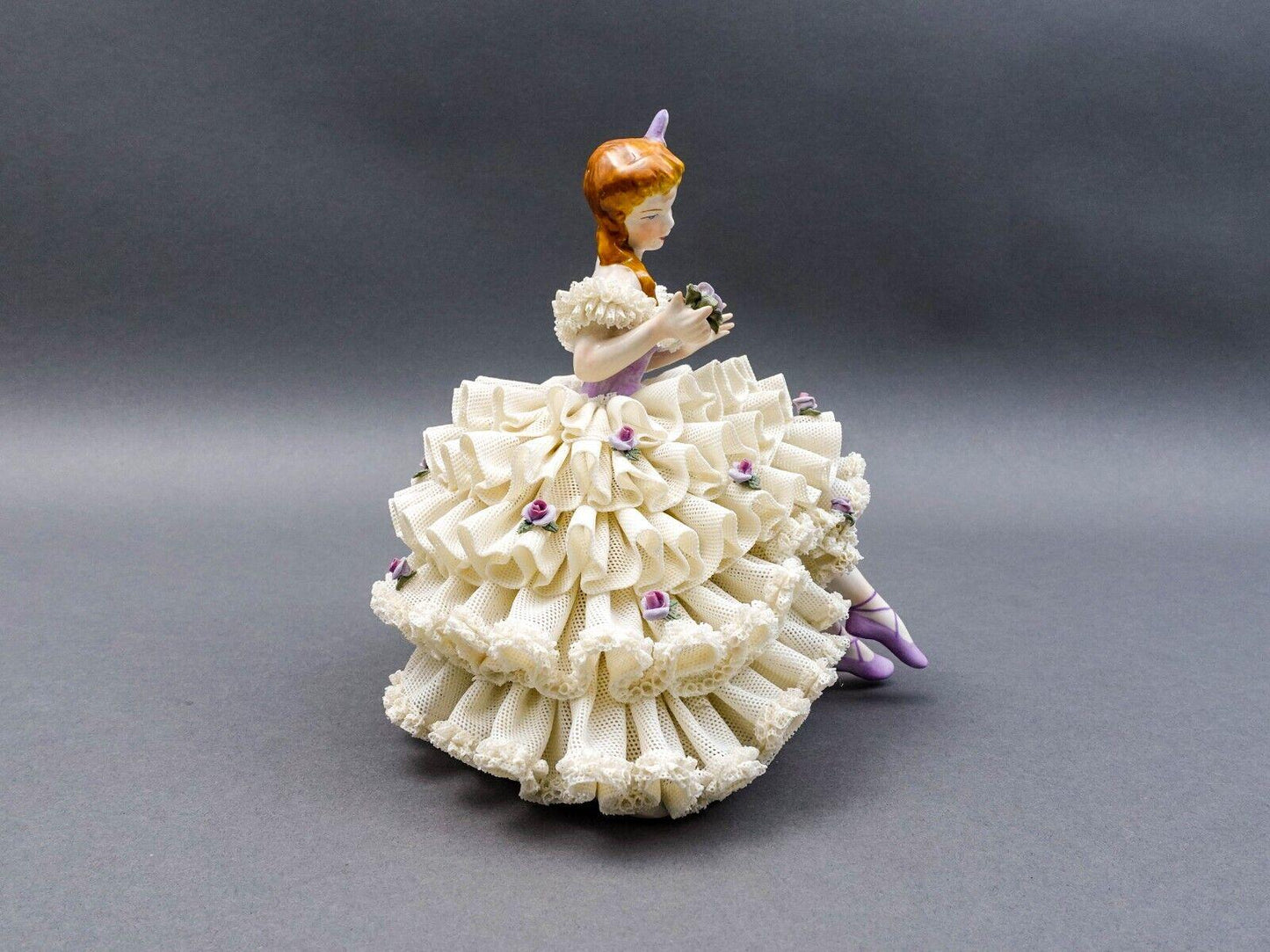 Dresden Germany Large Ballerina Holding Flower Porcelain Lace Figurine (Read)