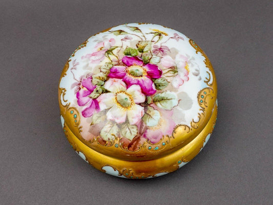 Limoges France Antique Large Floral Porcelain Dresser Powder Jewlery Box (Read)