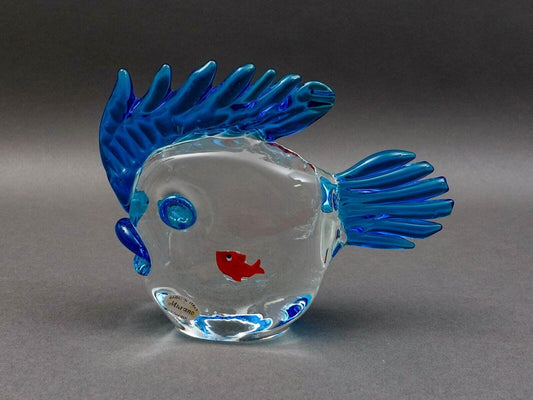 Vintage Murano Italy Blue Fish Red Goldfish Aquarium Glass Figurine Sculpture