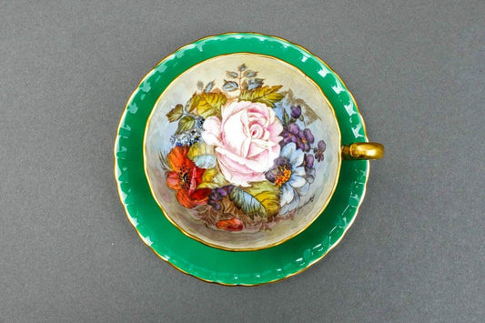 Aynsley J.A. Bailey Signed Vintage Pink Cabbage Rose Green Gold Tea Cup & Saucer