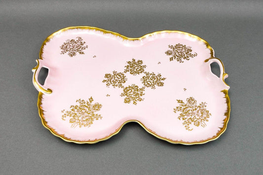 Limoges France Antique Hand Painted Pink Gold Gilt Floral Porcelain Handle Tray