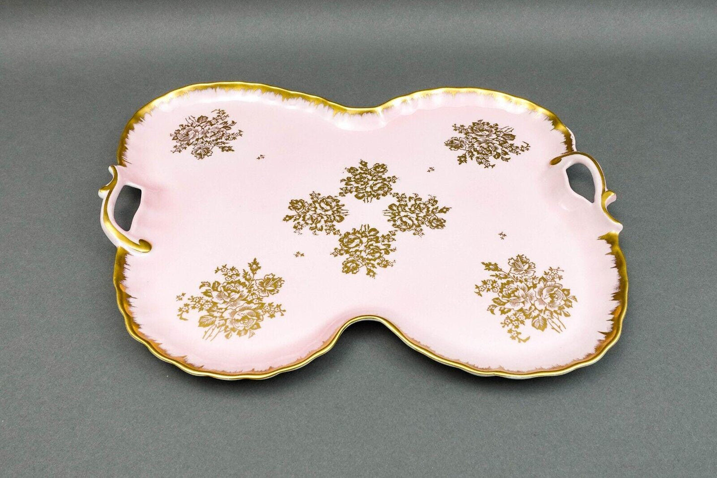 Limoges France Antique Hand Painted Pink Gold Gilt Floral Porcelain Handle Tray