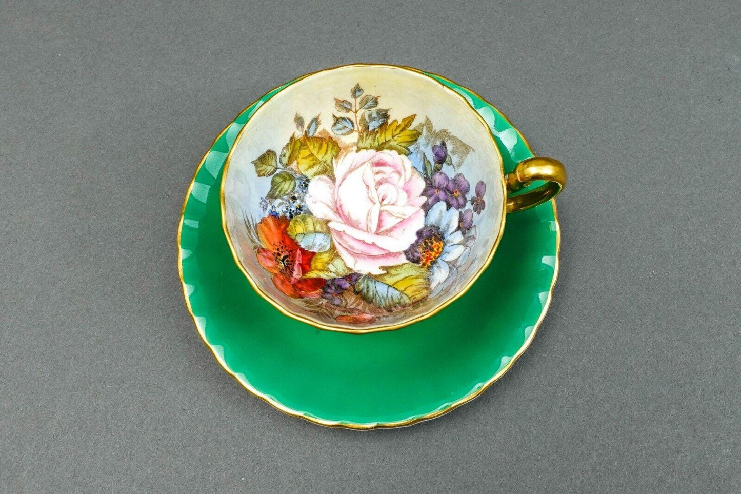 Aynsley J.A. Bailey Signed Vintage Pink Cabbage Rose Green Gold Tea Cup & Saucer