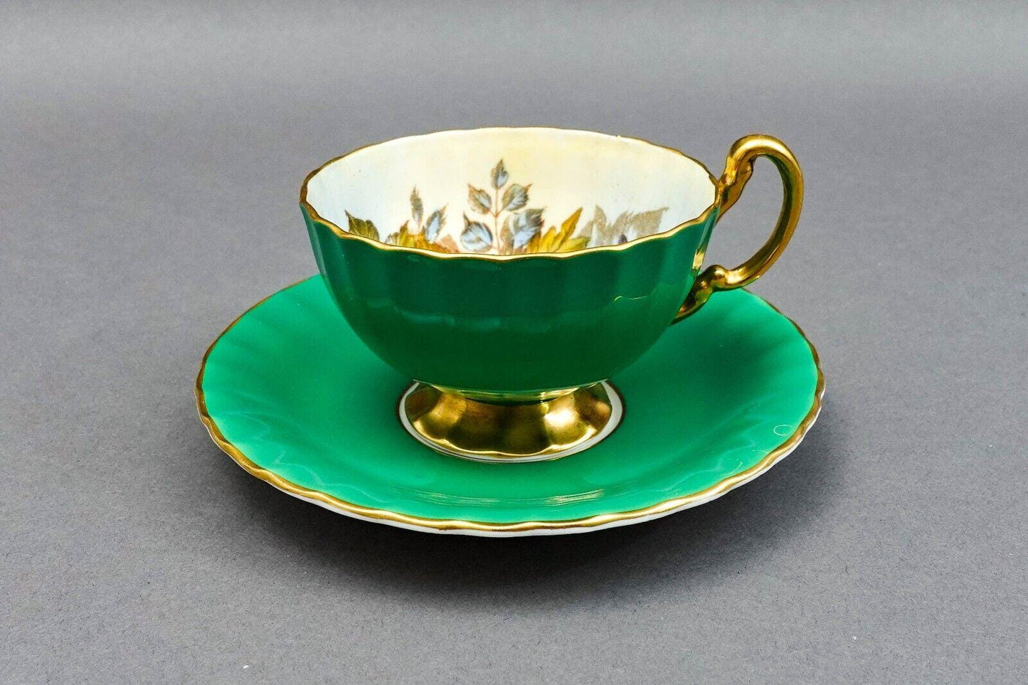 Aynsley J.A. Bailey Signed Vintage Pink Cabbage Rose Green Gold Tea Cup & Saucer