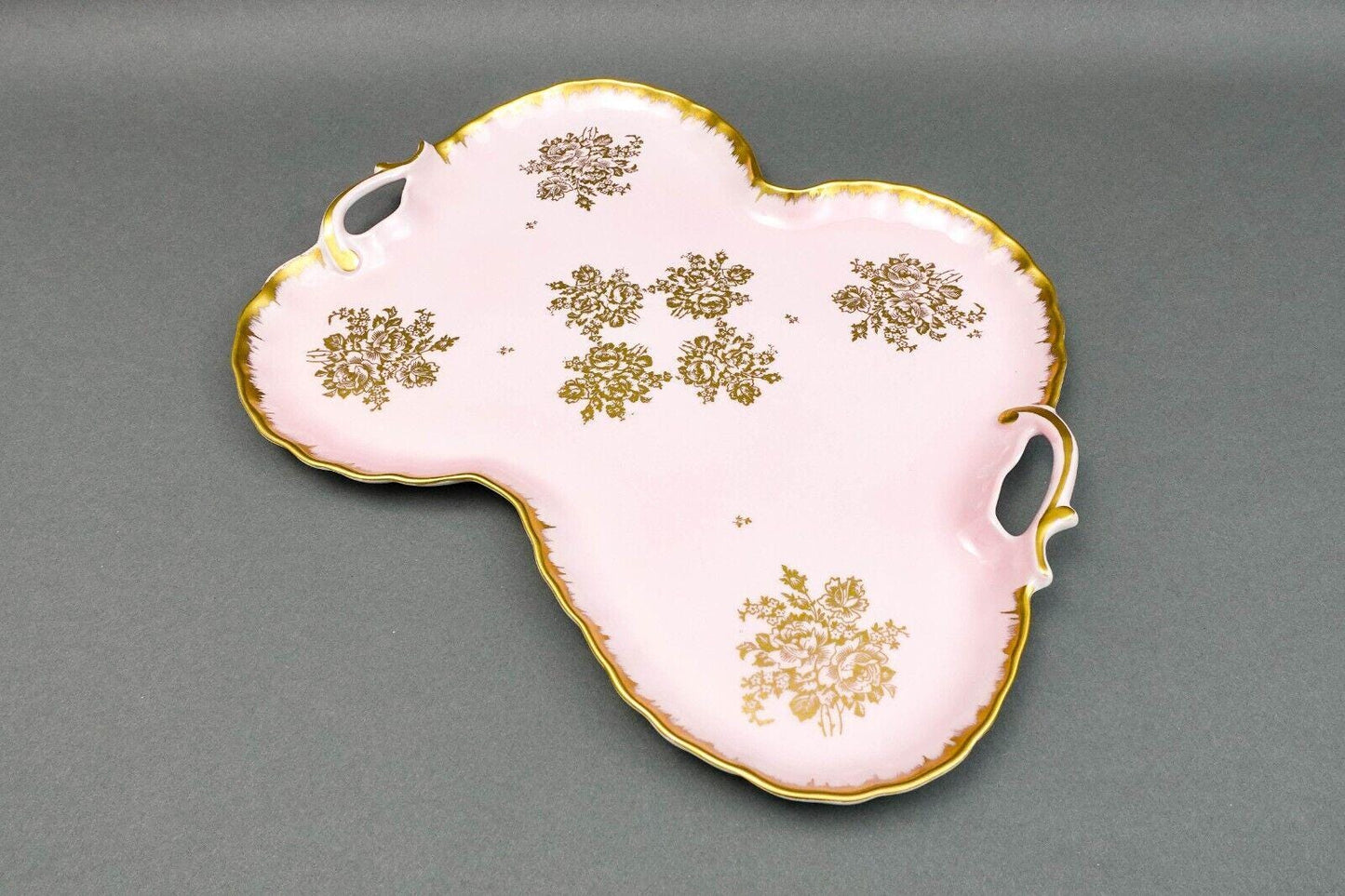 Limoges France Antique Hand Painted Pink Gold Gilt Floral Porcelain Handle Tray