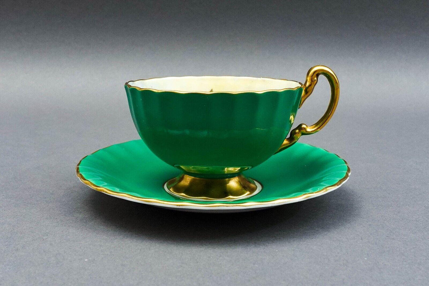 Aynsley J.A. Bailey Signed Vintage Pink Cabbage Rose Green Gold Tea Cup & Saucer