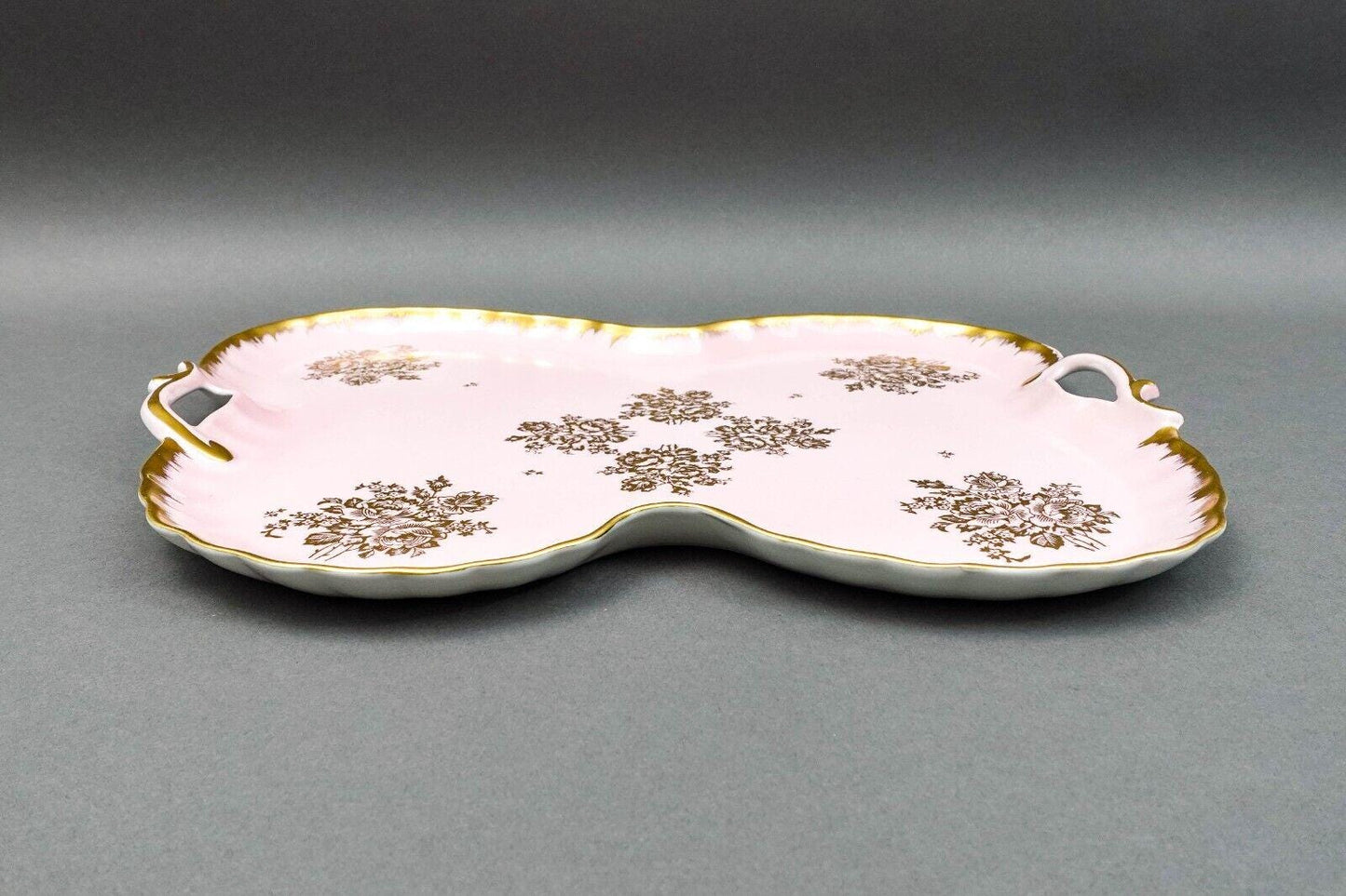 Limoges France Antique Hand Painted Pink Gold Gilt Floral Porcelain Handle Tray