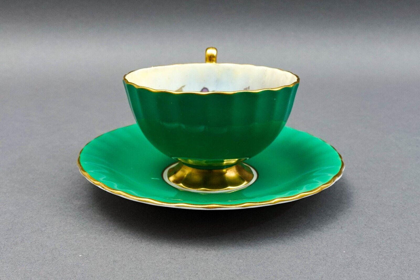 Aynsley J.A. Bailey Signed Vintage Pink Cabbage Rose Green Gold Tea Cup & Saucer